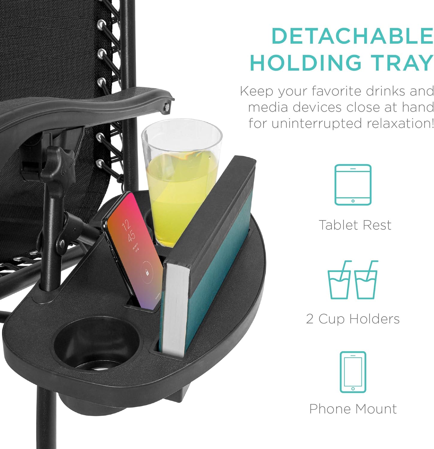Best Choice Products Set of 2 Adjustable Steel Mesh Zero Gravity Lounge Chair Recliners w/Pillows and Cup Holder Trays - Black - Image 6