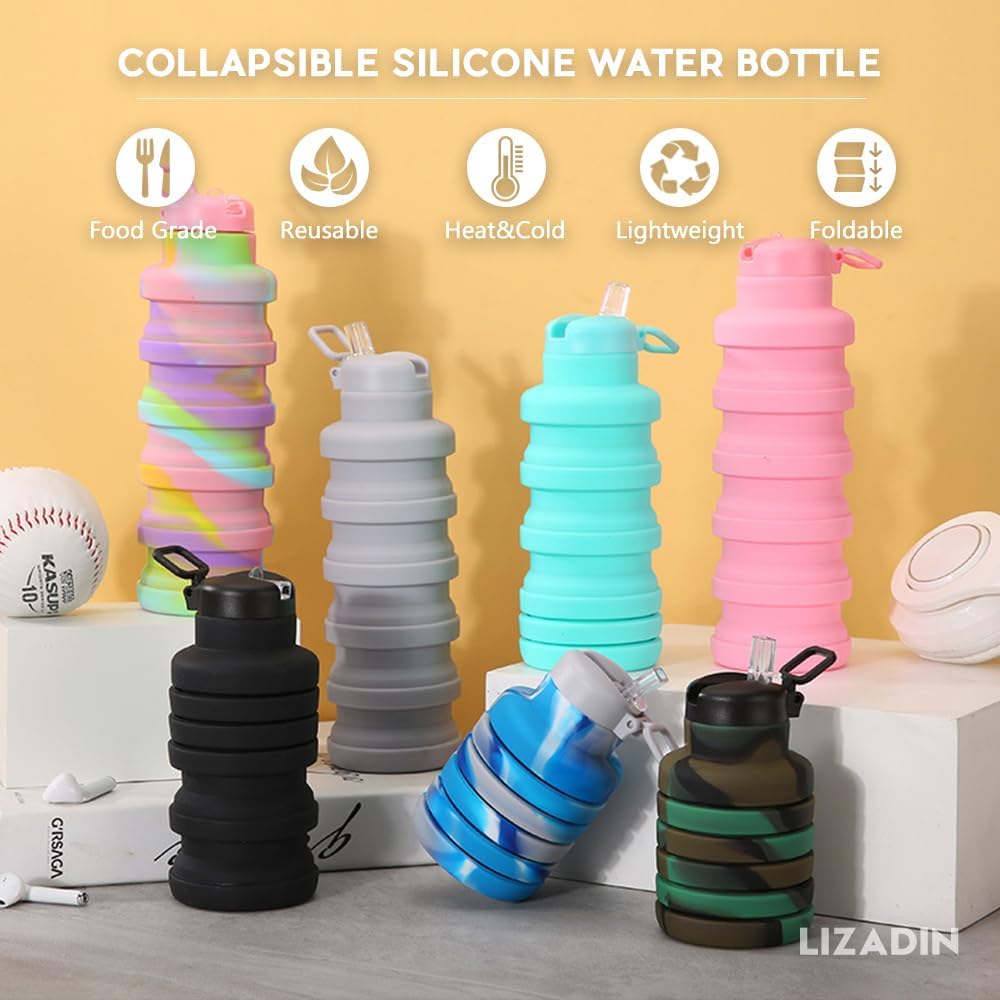 Collapsible water bottles 2 Pack with brush,BPA Free Travel Silicone Water Bottle with Carabiner,Reusable Foldable Portable Lightweight Sports bottles for Gym Camping Hiking (Black+Aqua blue) - Image 3