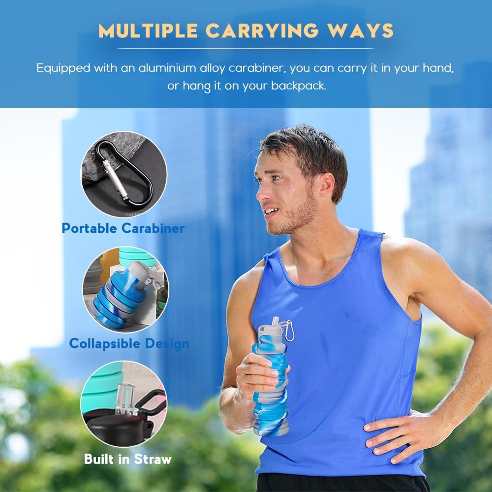 Collapsible water bottles 2 Pack with brush,BPA Free Travel Silicone Water Bottle with Carabiner,Reusable Foldable Portable Lightweight Sports bottles for Gym Camping Hiking (Black+Aqua blue) - Image 4