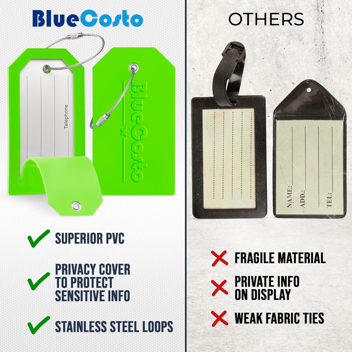 BlueCosto - Luggage Tags - Large, Green, 5 PK - PVC Suitcase Tags w/Privacy Cover & Stainless Steel Wire Loops - Personalized Baggage Identifiers for Travel - Backpack Name Labels - Image 7