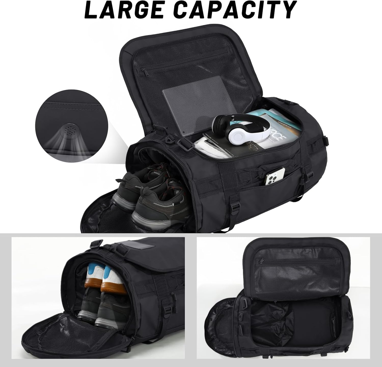 MIER Large Duffel Backpack Sports Gym Bag with Shoe Compartment, Heavy Duty and Water Resistant, Black, 90L - Image 3