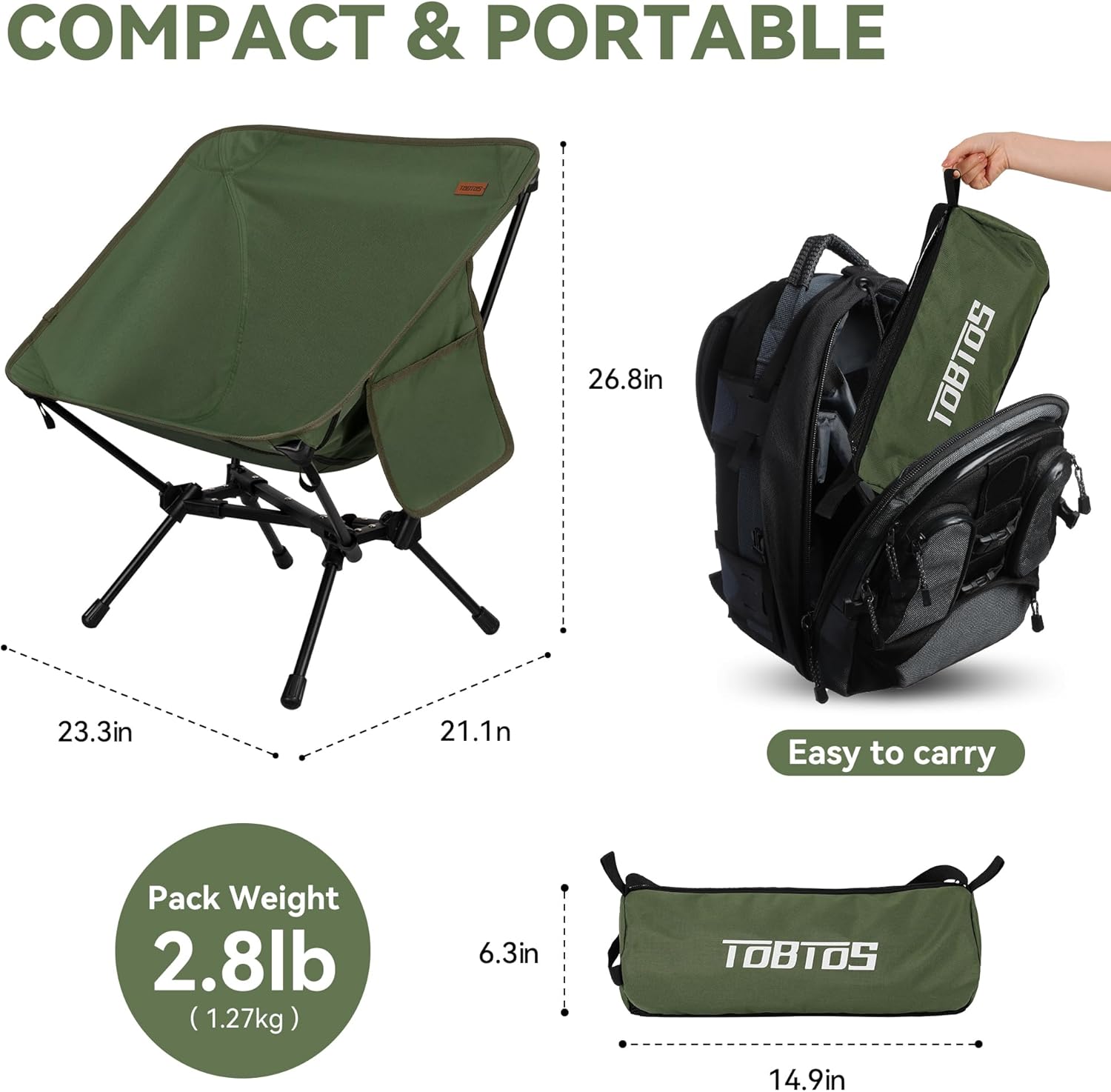 TOBTOS Ultralight Camping Chair, Portable Folding Backpacking Chair, Compact Camping Chair with Carry Bag for Outdoor Camp Hiking Backpack Beach Travel (Green) - Image 3